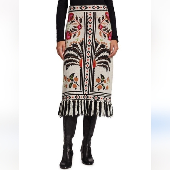 Farm Rio Sand Palms Paradise Knit Fringe Midi Skirt